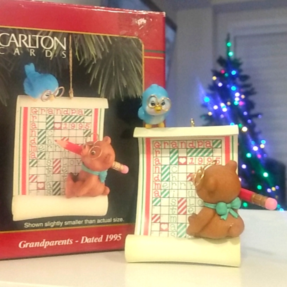 1995 Grandparents Crossword Heirloom Christmas Ornament Blue Bird & Bear Cub